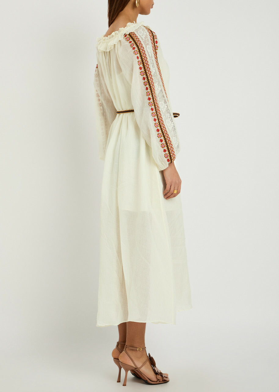 Zimmermann Aster Embroidered Belted Ramie Maxi Dress Cream