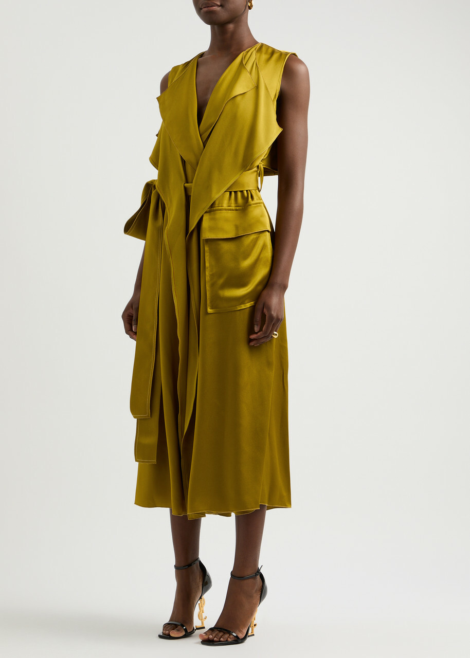 Victoria Beckham Trench Satin Midi Wrap Dress Gold Victoria Beckham