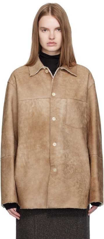 Photo: AURALEE Beige Merino Mouton Shearling Shirt Jacket