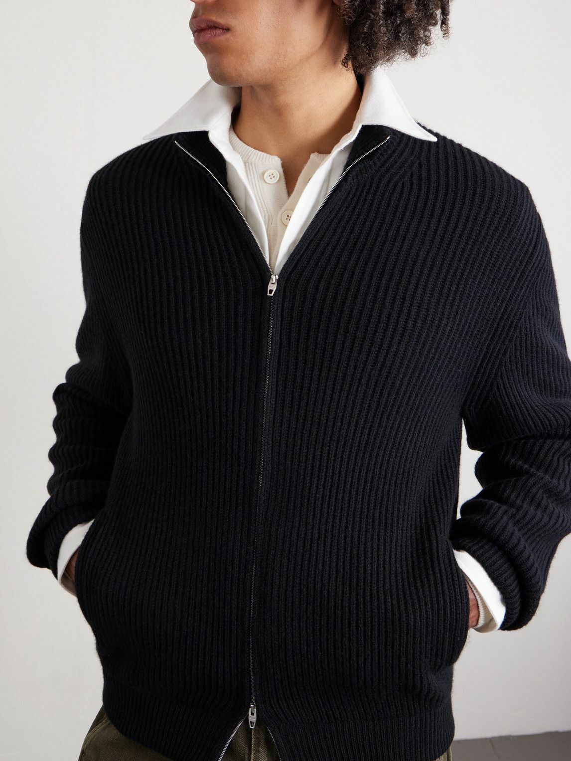 UMIT BENAN - Matt Ribbed Cashmere Zip-Up Cardigan - Black