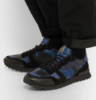 Valentino - Valentino Garavani Rockrunner Camouflage-Print Canvas, Leather and Suede Sneakers - Blue