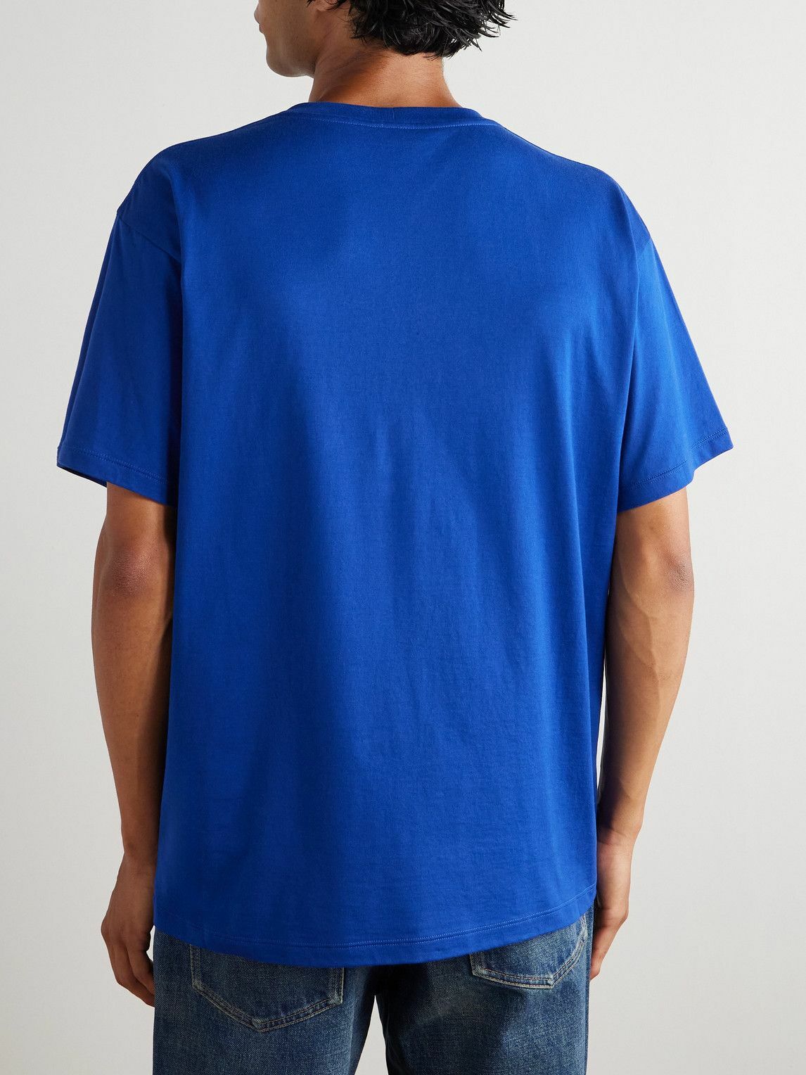 CELINE - Triomphe Logo-Embroidered Cotton-Jersey T-Shirt - Blue