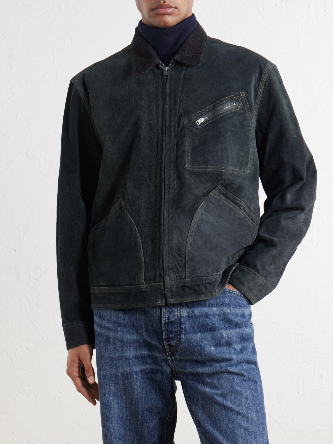 RRL - Chrysler Corduroy-Trimmed Suede Jacket - Blue