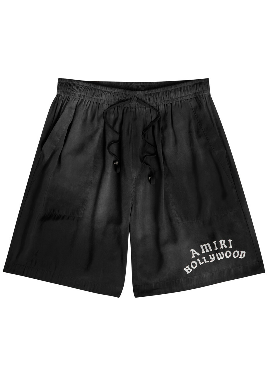 【送料&関税込】AMIRI Shorts In Black Silk Amiri Mens Black Arts District Brand-print Silk Shorts