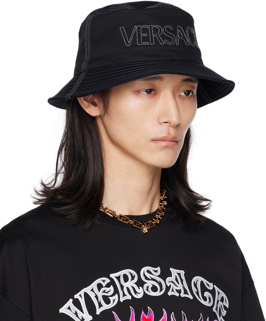 Versace Black Embroidered Bucket Hat Versace