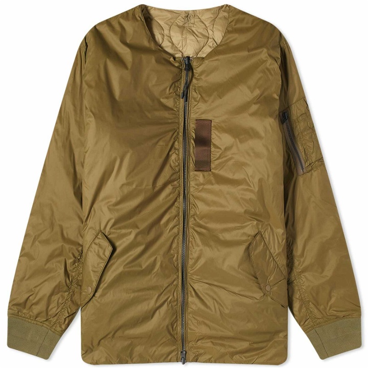 Photo: Taion Men's x Beams Lights Reversible MA-1 Down Jacket in Olive/Beige