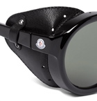 Moncler - Round-Frame Leather-Trimmed Acetate Polarised Sunglasses - Men - Black