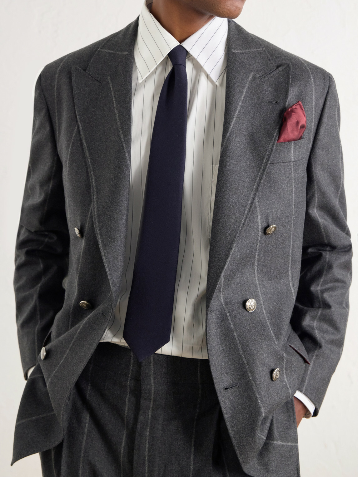 Brunello Cucinelli - Double-Breasted Pinstriped Wool, Cashmere and Silk-Blend Flannel Suit Jacket - Gray