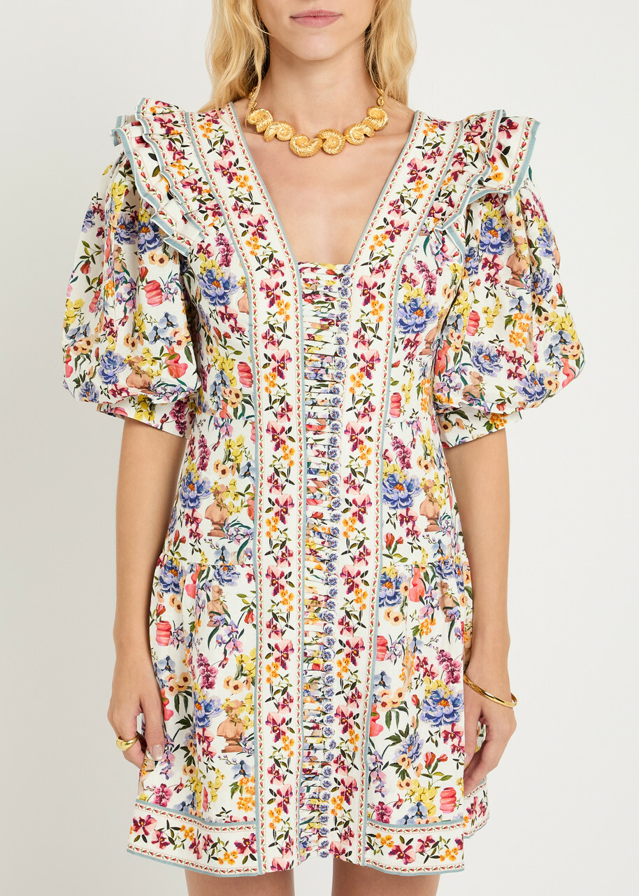 Farm Rio Greek Garden Printed Linen-blend Mini Dress White