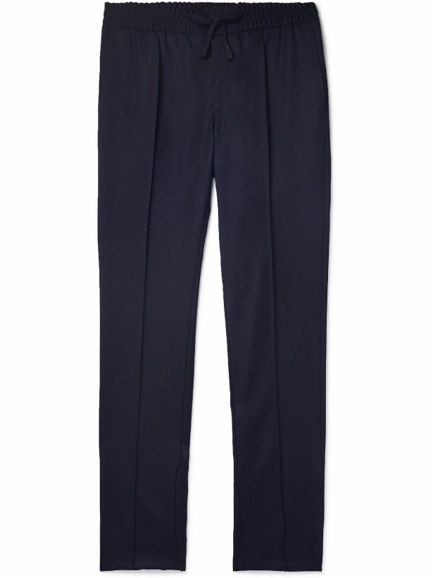 Photo: Brioni - Straight-Leg Leather-Trimmed Virgin Wool-Drill Trousers - Blue