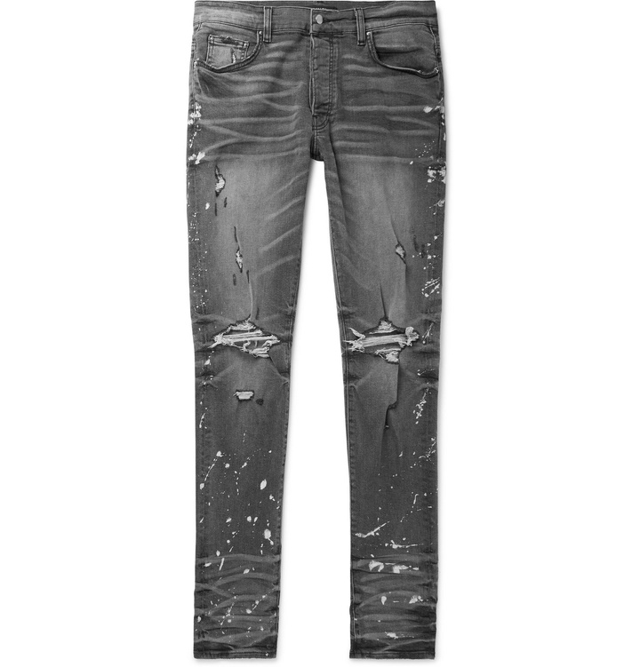 Photo: AMIRI - Thrasher Minus Skinny-Fit Distressed Bleach-Splattered Stretch-Denim Jeans - Gray