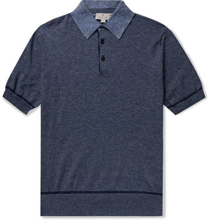 Photo: CANALI - Striped Mélange Cotton Polo Shirt - Blue