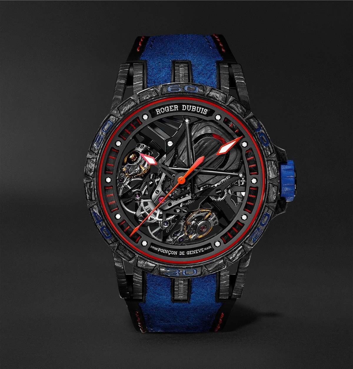 Photo: Roger Dubuis - Excalibur Aventador S Limited Edition Skeleton 45mm Carbon, Rubber and Alcantara Watch, Ref. No. RDDBEX0686 - Blue