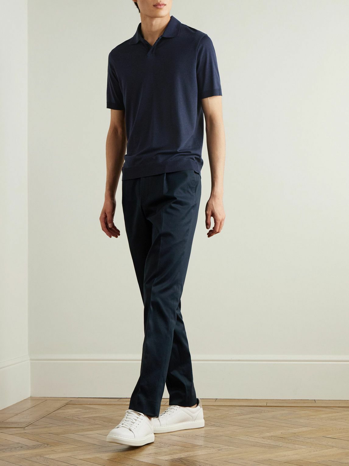 De Petrillo - Straight-Leg Pleated Stretch Cotton-Twill Trousers - Blue