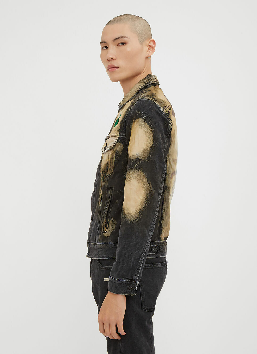 Off-White Distressed Bleached Clover Embroidered Denim Jacket