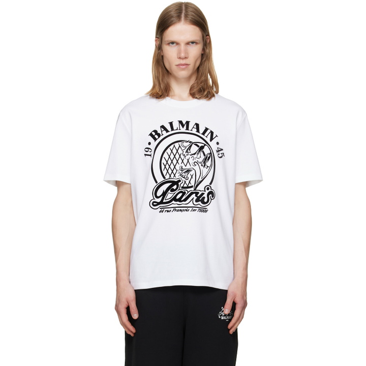 Photo: BALMAIN White 'Balmain' Quilted Flock T-shirt