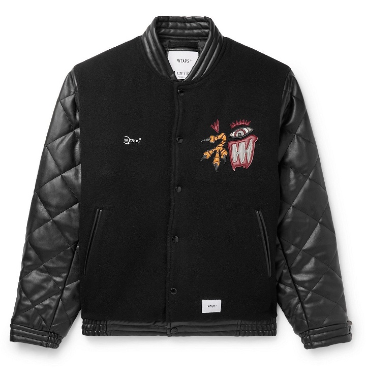 Photo: WTAPS - Canal Appliquéd Wool-Blend and Quilted Faux-Leather Bomber Jacket - Black