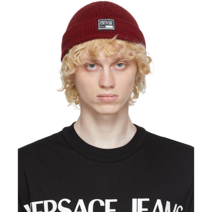 Versace Jeans Couture Red Rib Knit Logo Beanie Versace