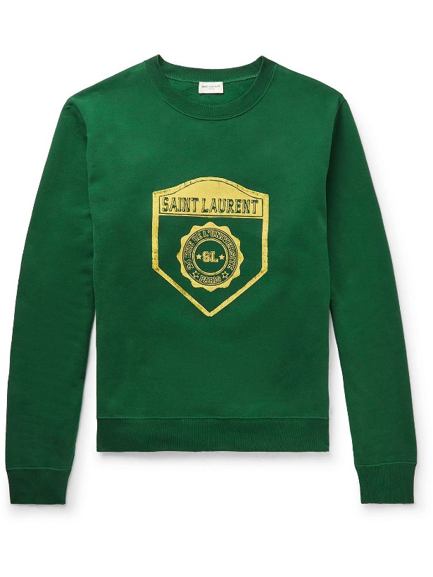 Photo: SAINT LAURENT - Logo-Flocked Cotton-Jersey Sweatshirt - Green