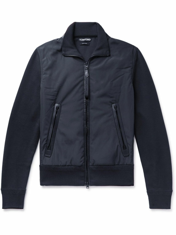 Photo: TOM FORD - Panelled Ribbed Wool and Shell Zip-Up Cardigan - Blue