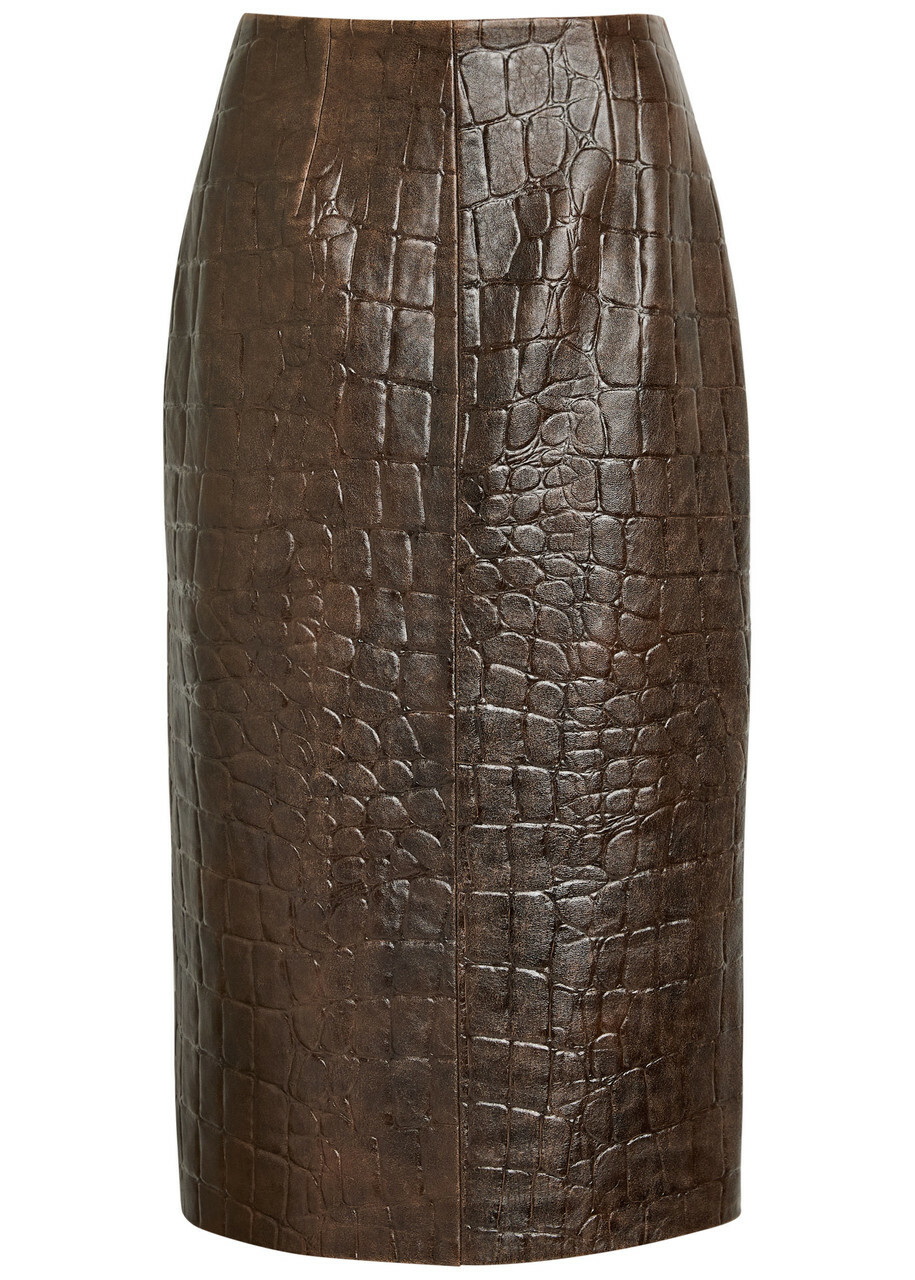 Emilia Wickstead Loretta Crocodile-effect Leather Midi Skirt Brown