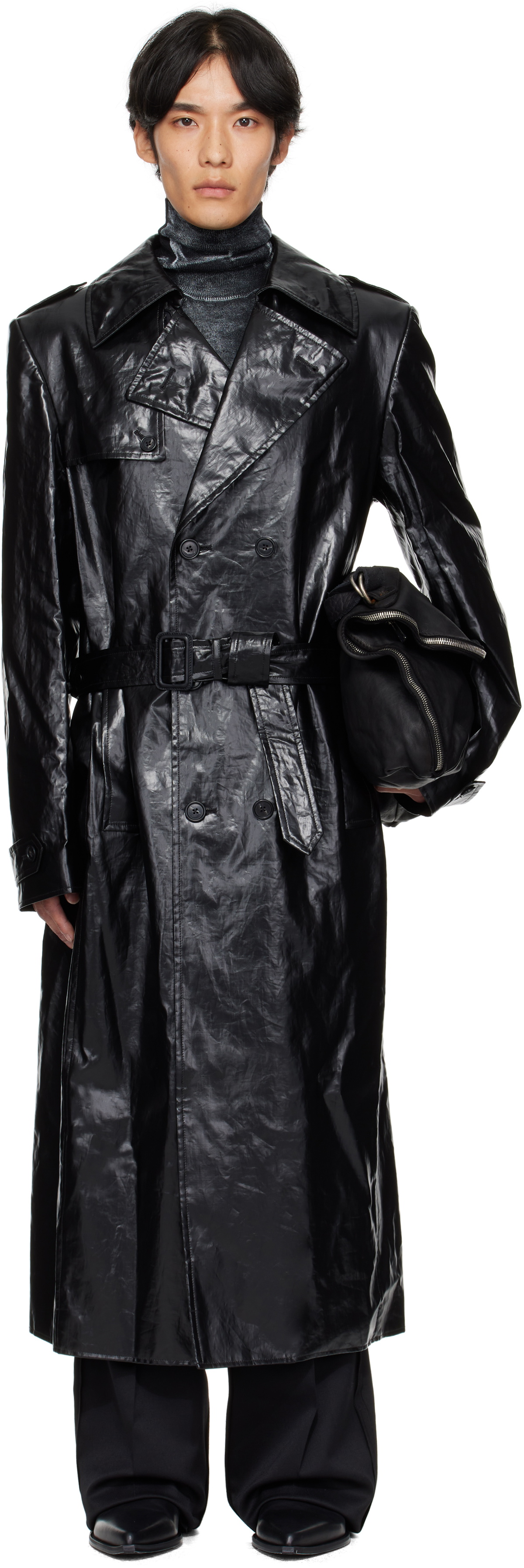 MM6 Maison Margiela Black Shiny Coated Linen Coat MM6 Maison Margiela