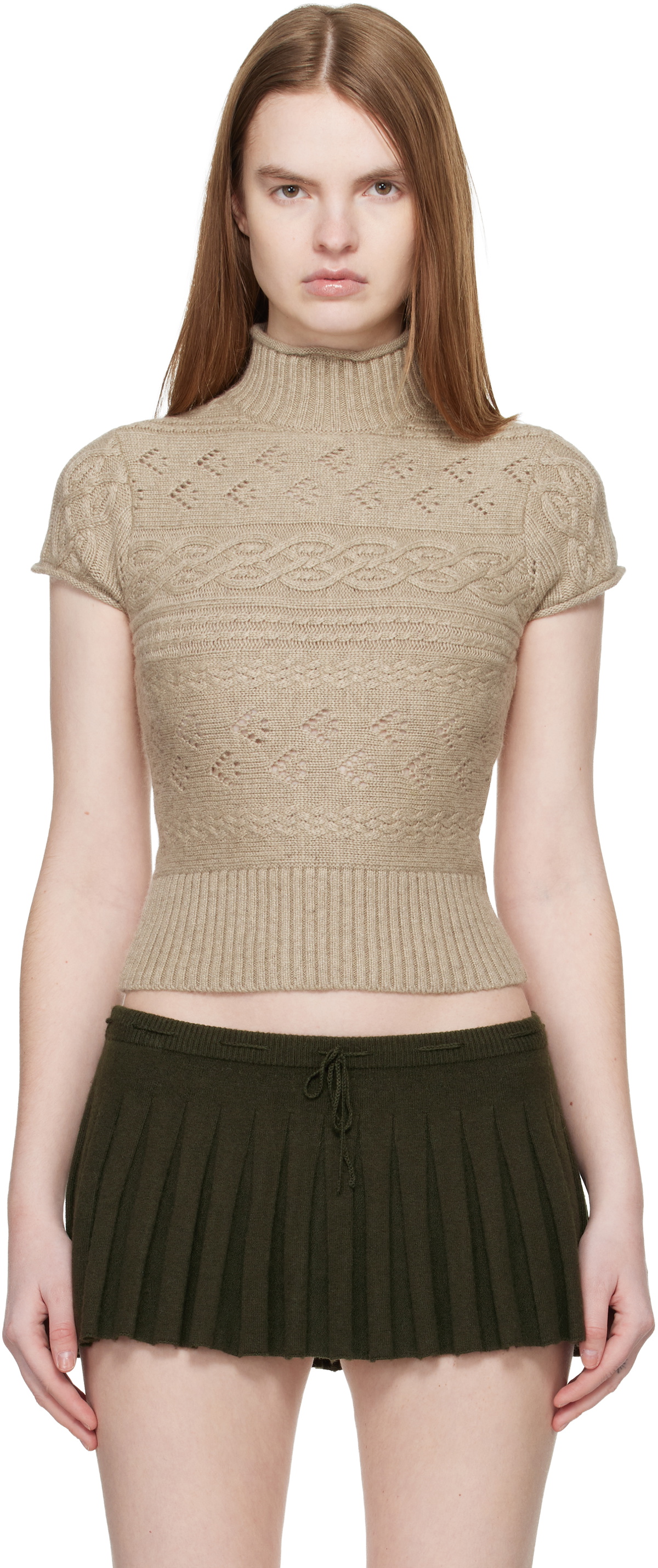GUIZIO Taupe Vivienne Short Sleeve Cable Turtleneck