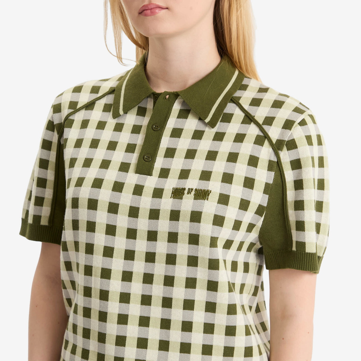 House Of Sunny Women's Putting Polo Short Sleeve Top in Green Check