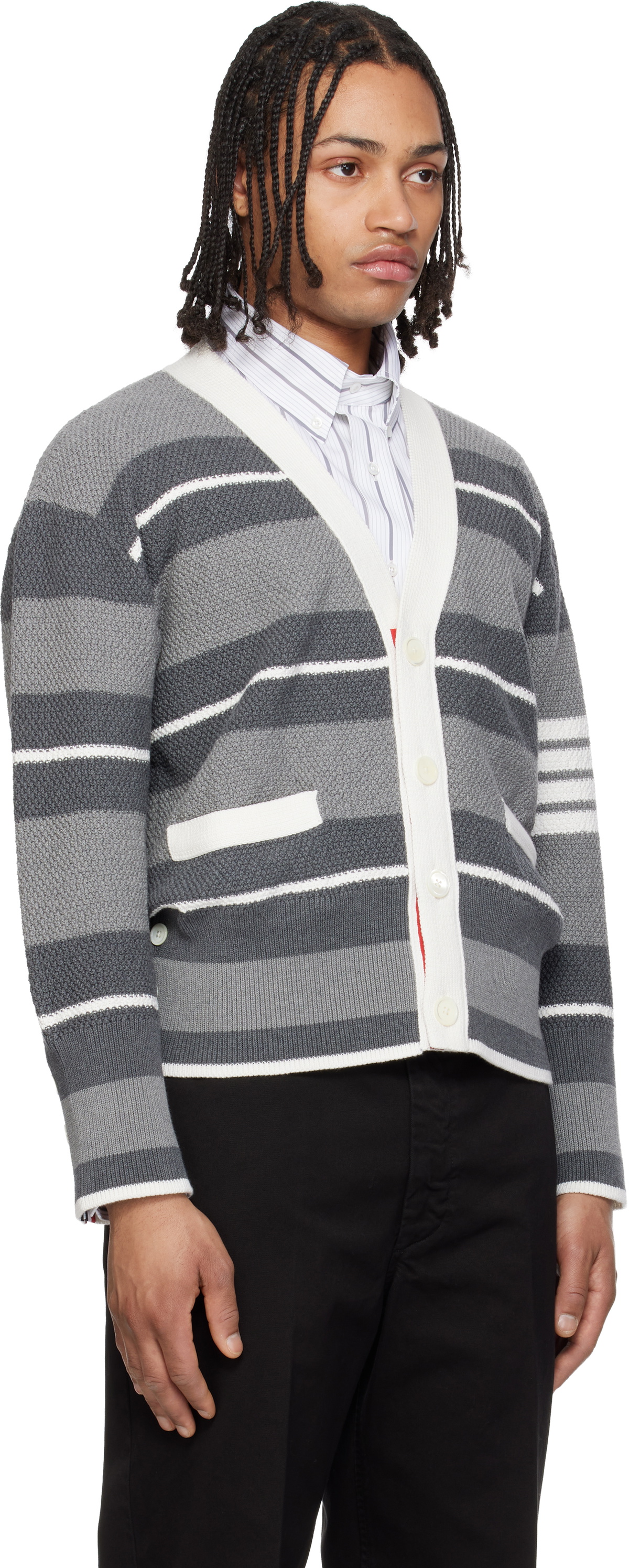 Thom Browne Gray Classic Stripe Seed Stitch 4-Bar Cardigan