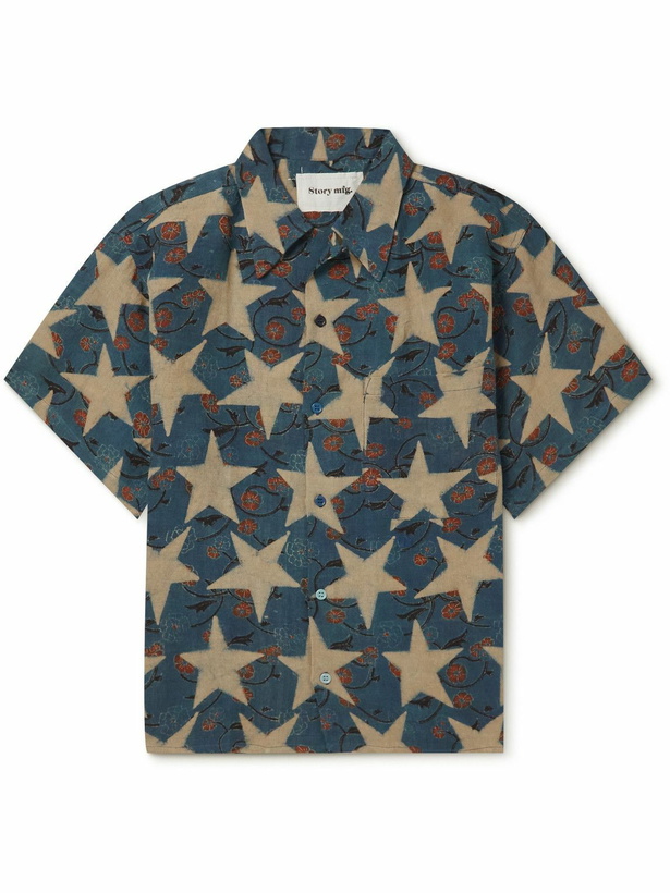 Photo: Story Mfg. - Greetings Camp-Collar Printed Linen Shirt - Blue