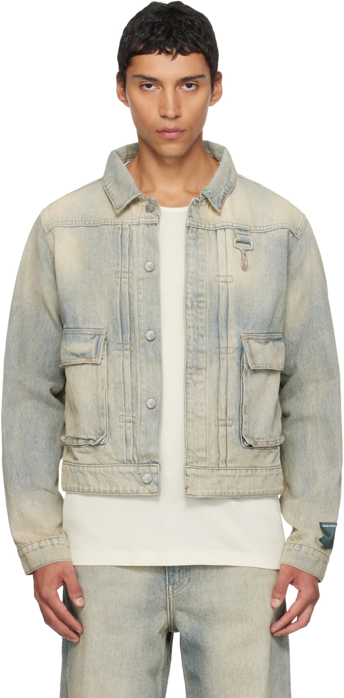 Reese Cooper Blue Concealed Button Denim Trucker Jacket