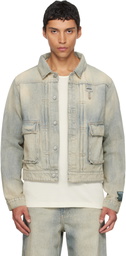 Reese Cooper Blue Concealed Button Denim Trucker Jacket