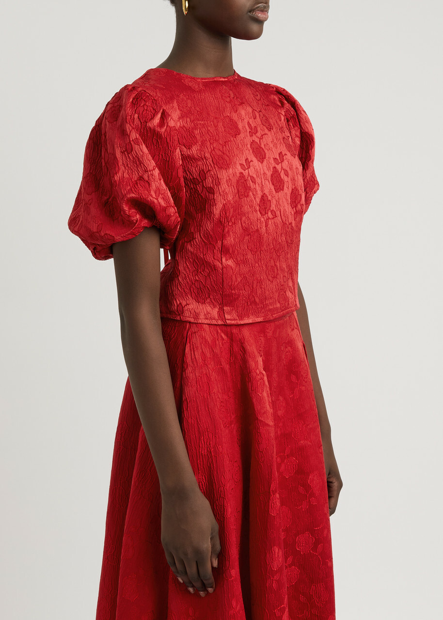 Sister Jane Charm Floral-jacquard Cloqué top Red Sister Jane