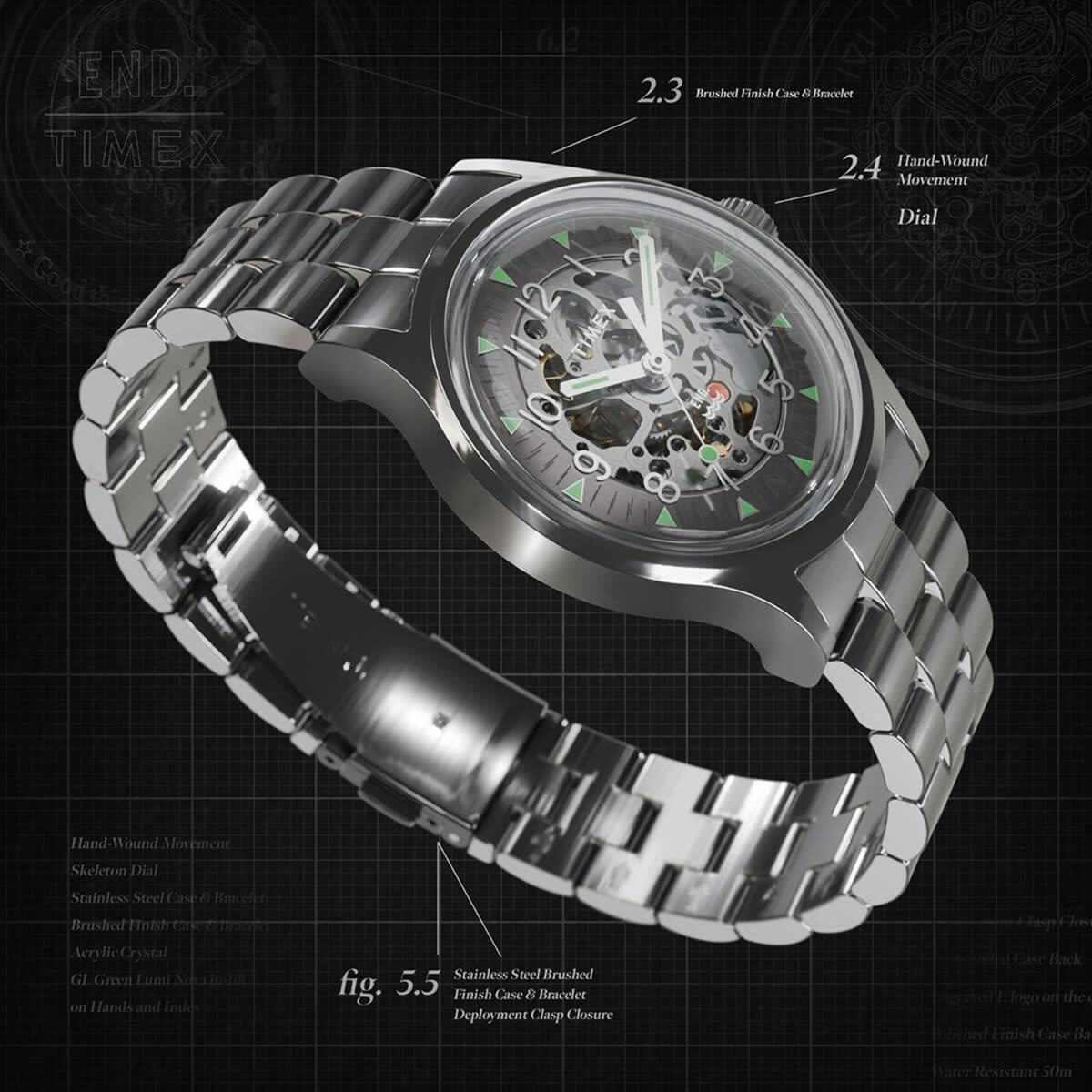 新品定価以下　END×TIMEX スケルトン ステンレススチール　別注 END. x Timex 'Skeleton' in Stainless Steel Timex