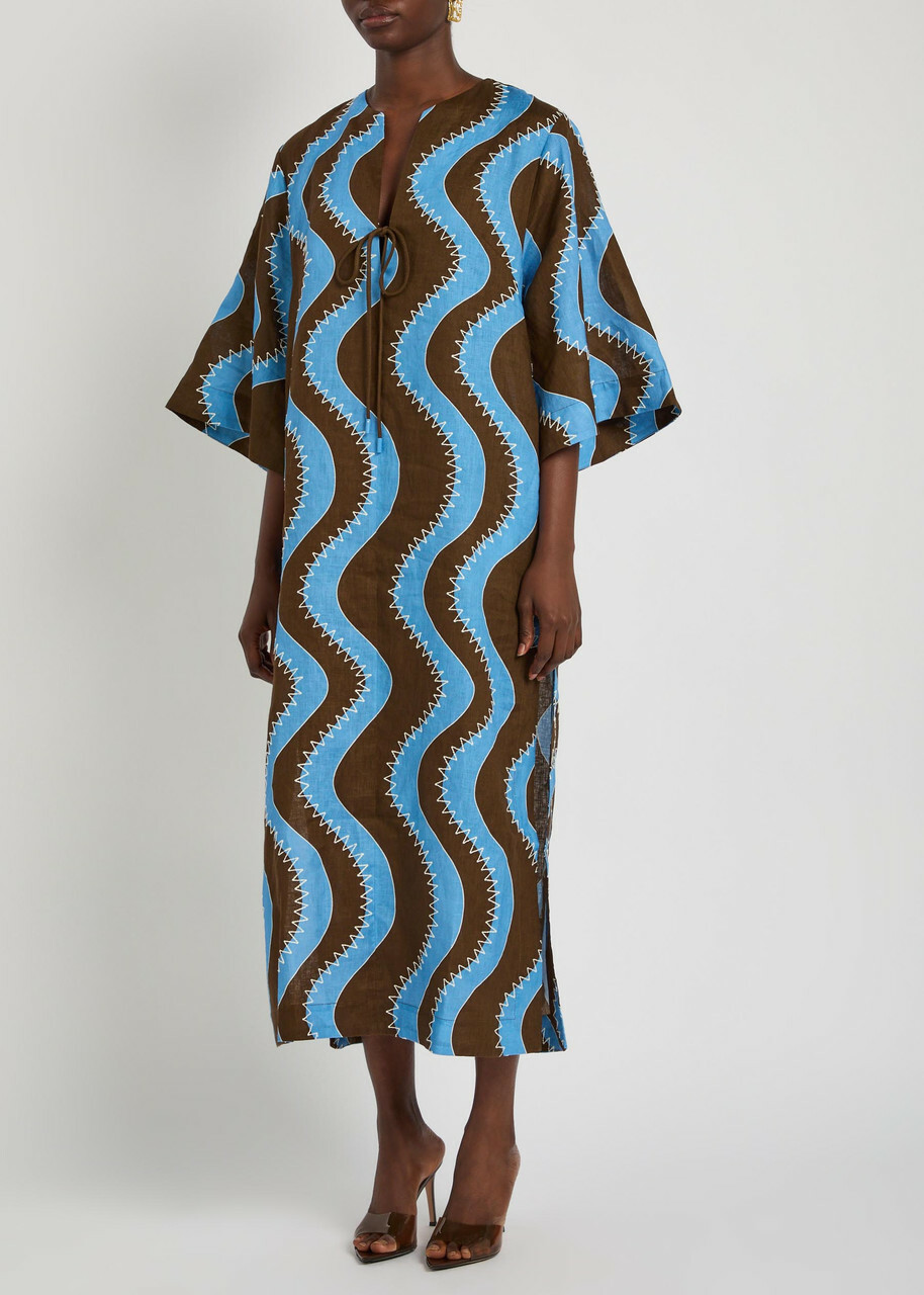 Alemais Frankie Wavy-print Linen Midi Dress Blue