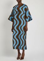 Alemais Frankie Wavy-print Linen Midi Dress Blue