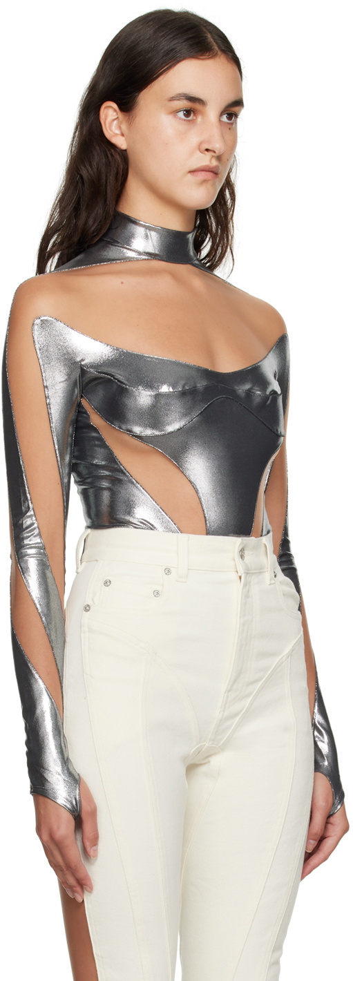 【関税込み】Mugler パープル&ベージュ Illusion ボディスーツ Mugler Silver Illusion Bodysuit Mugler