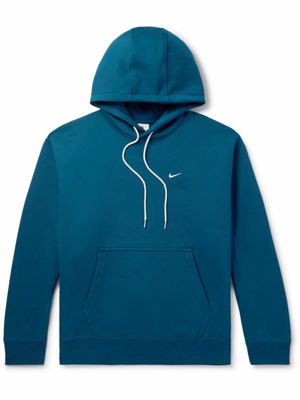 Photo: Nike - Logo-Embroidered Cotton-Blend Jersey Hoodie - Blue