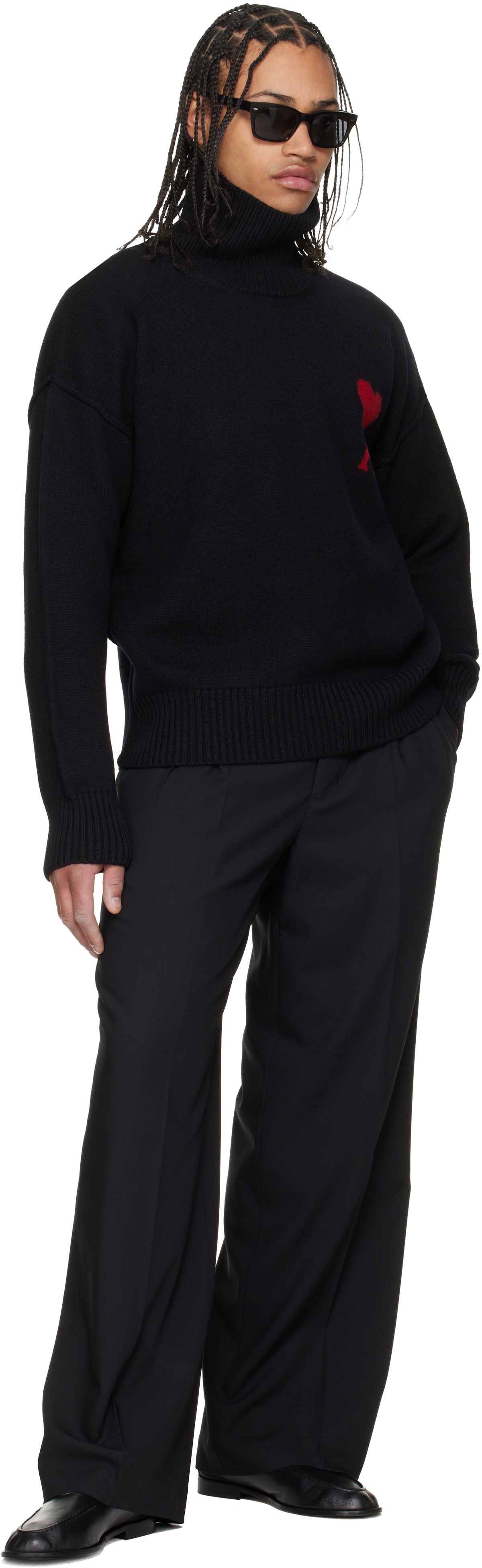 AMI Paris Black New Wool Low Waist Wide Trousers AMI