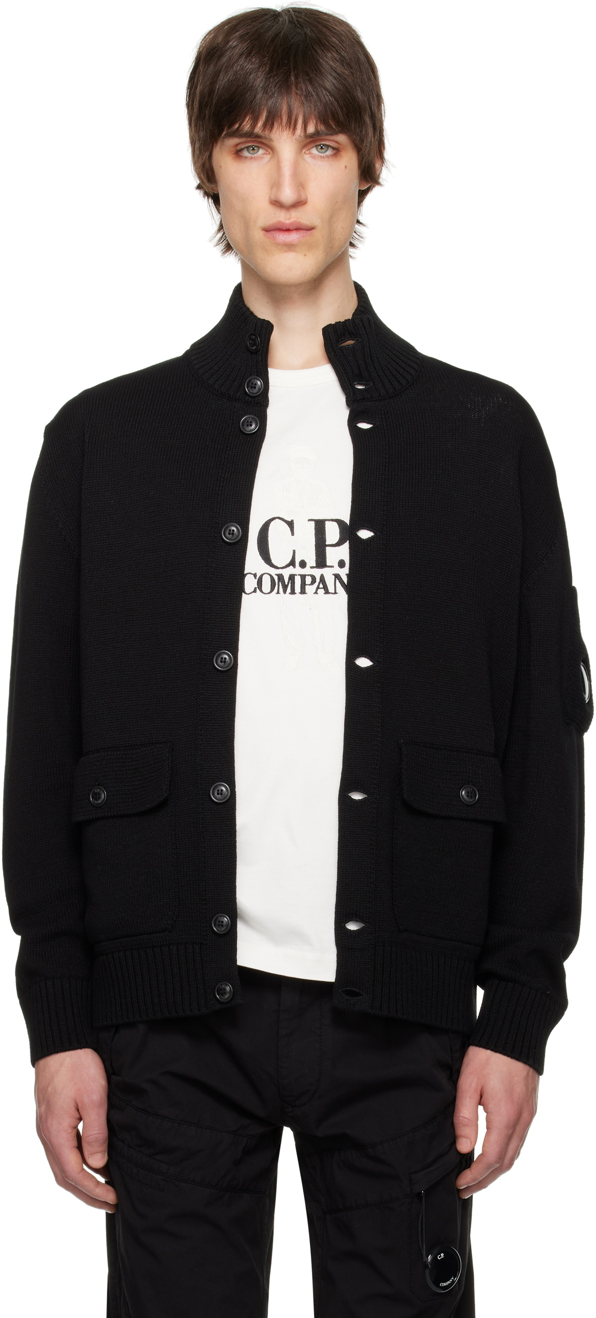 C.P. Company Black Compact Cotton Full Button Lens Knit Cardigan