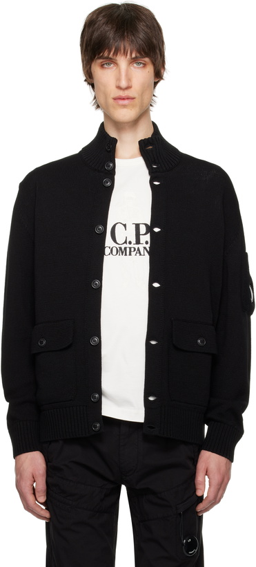 Photo: C.P. Company Black Compact Cotton Full Button Lens Knit Cardigan
