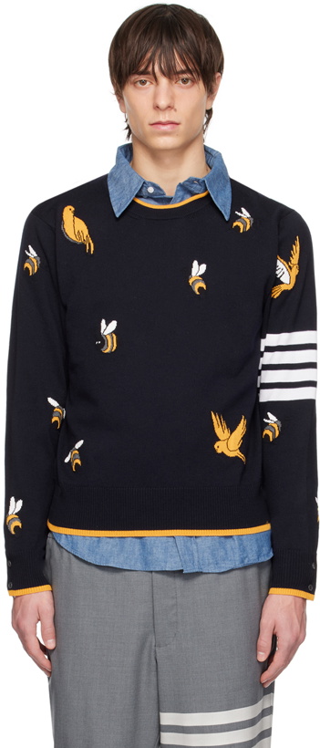 Photo: Thom Browne Navy Birds And Bees Half Drop Sweater