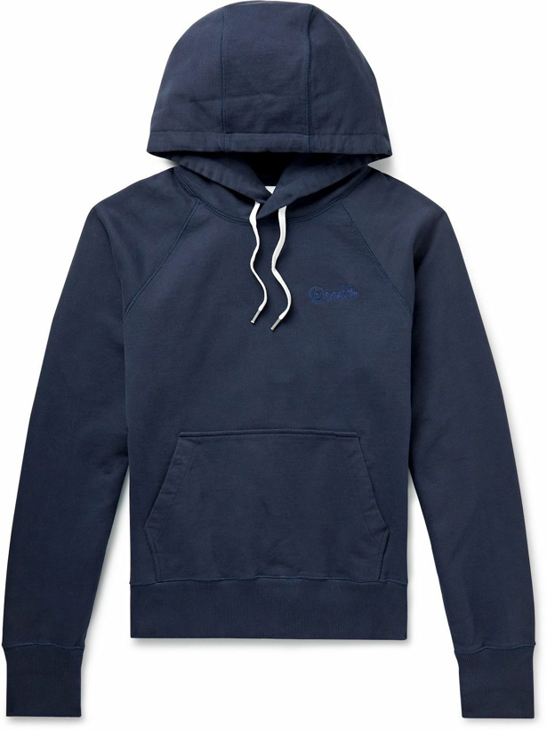 Photo: Drake's - Logo-Embroidered Cotton-Jersey Hoodie - Blue