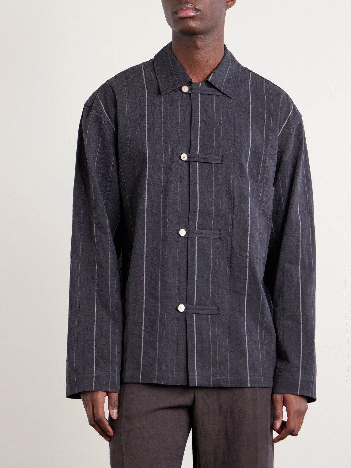A Kind Of Guise - Matara Cropped Pinstriped Cotton and Linen-Blend Overshirt - Black