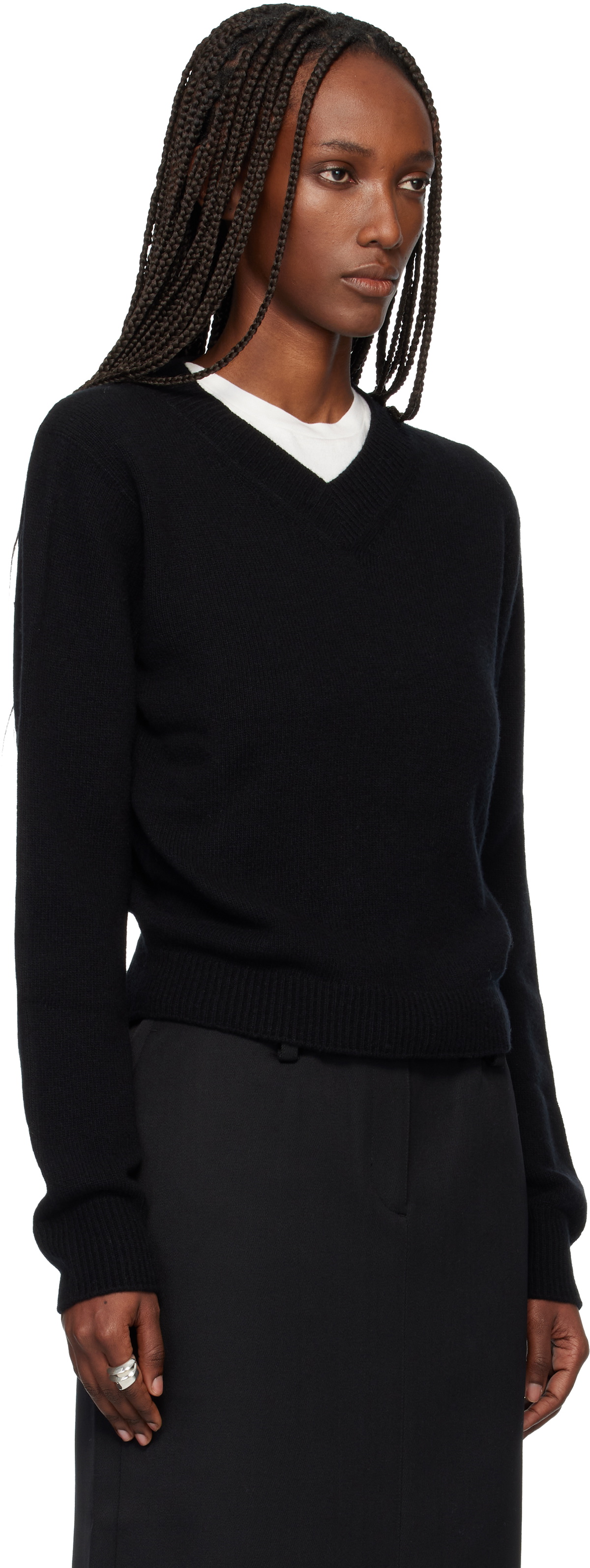 TONYWACK Black Cropped V-Neck Wool Sweater