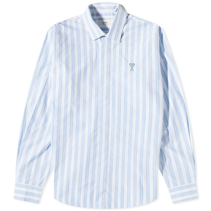 Photo: AMI Men's Tonal Heart Striped Shirt in Sky Blue/White