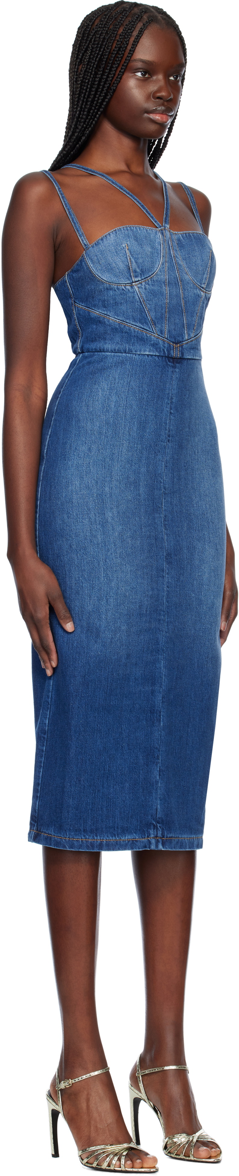 Nensi Dojaka Blue Gaelle Corset Denim Midi Dress