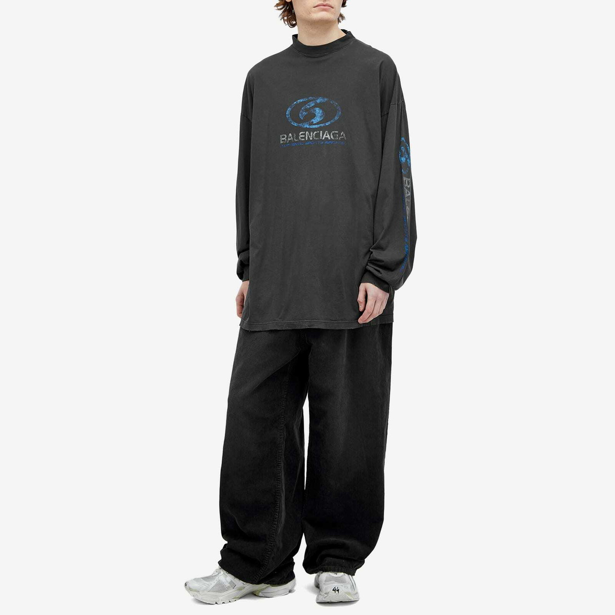 Balenciaga Men's Surf Logo Longsleeve T-Shirt in Faded Black/Blue