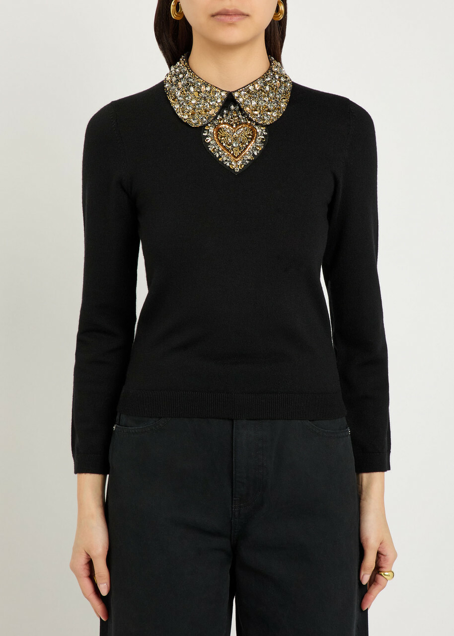 Alice + Olivia Porla Embellished Stretch-wool top Black