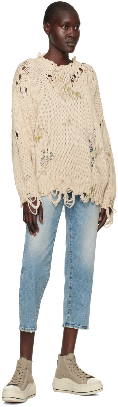 R13 Beige Floral Distressed Sweater